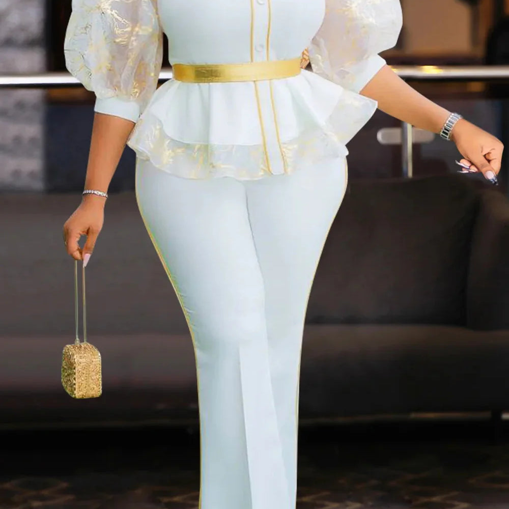 Plus Size Mother Of The Bride White Elegant Round Neck Puff Sleeve Half Sleeve Ruffle See Through Two Piece Pant Sets