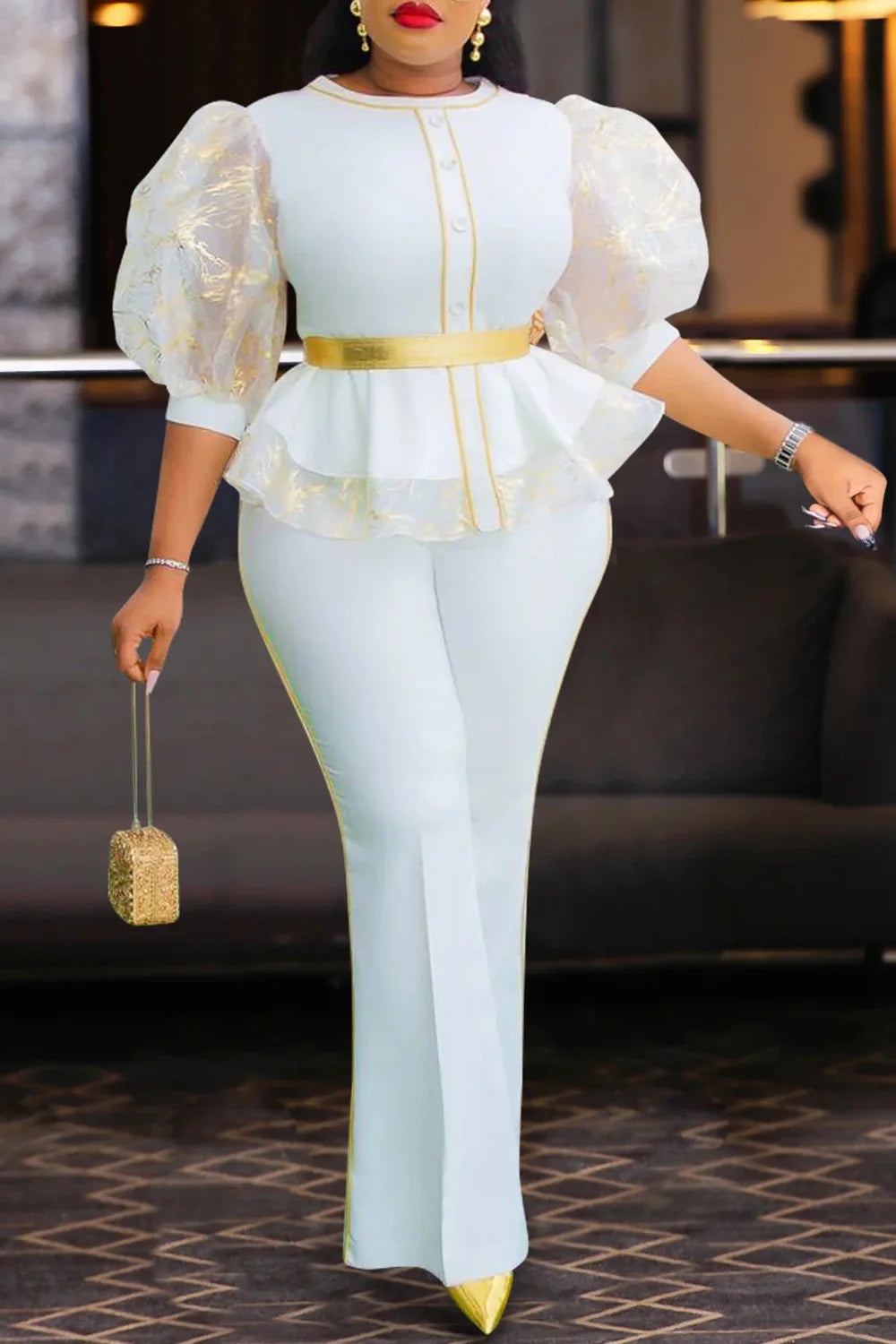 Plus Size Mother Of The Bride White Elegant Round Neck Puff Sleeve Half Sleeve Ruffle See Through Two Piece Pant Sets
