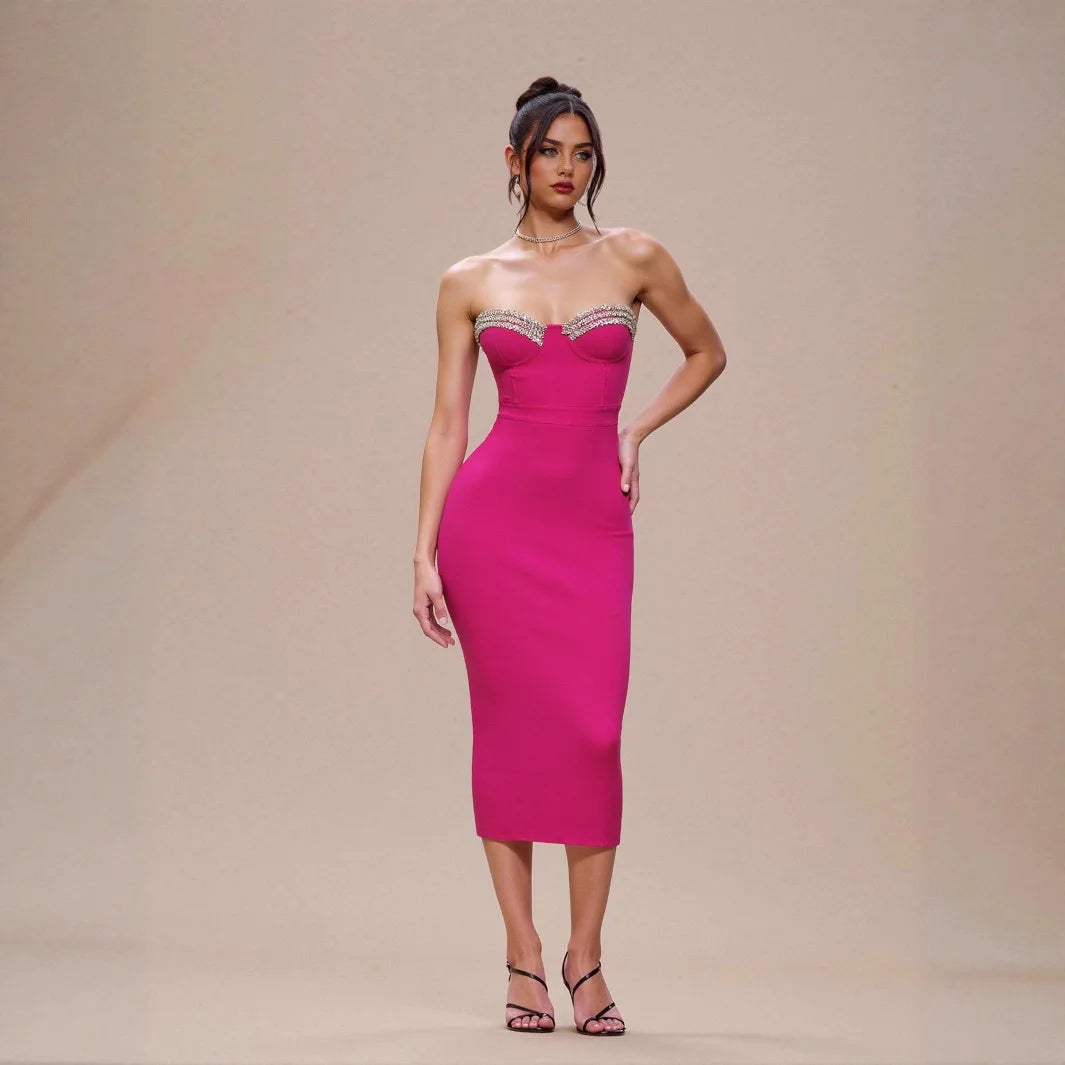 Rosered Color Women Sexy Strapless Shinning Crystal Bodycon Bandage Mid-calf Dress Nightclub Party Celebrate Birthday Outfit