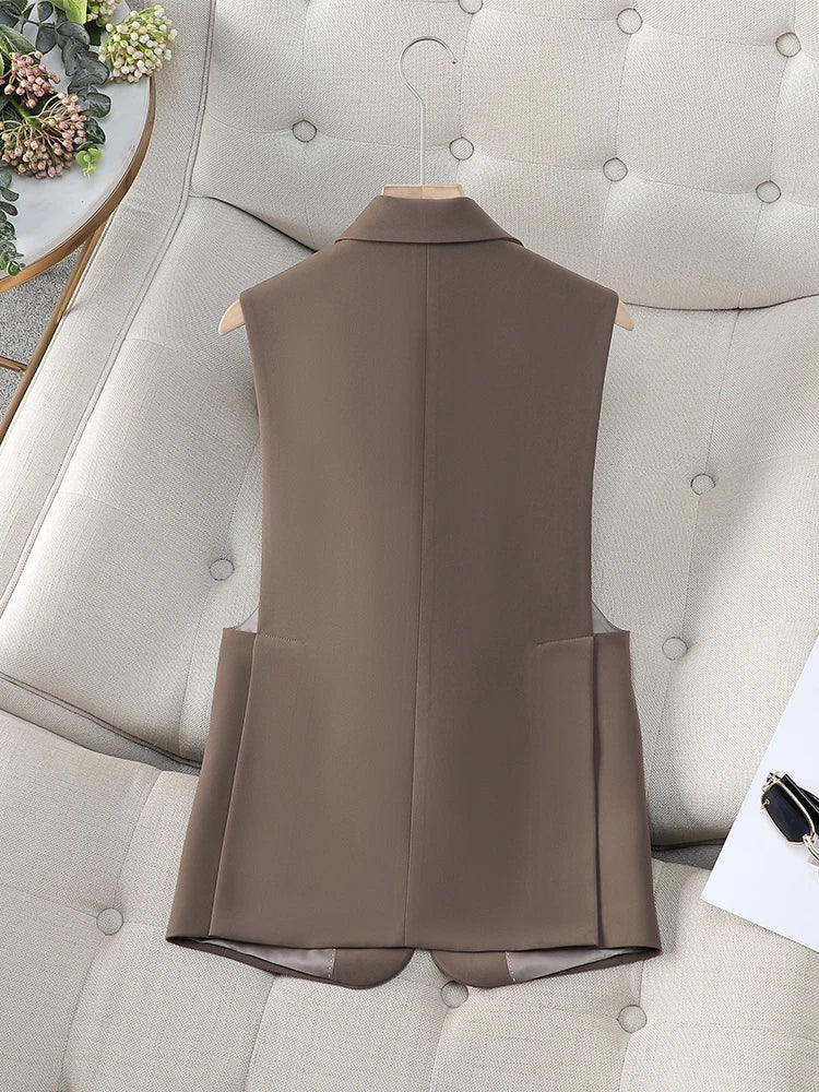 Fashion Women Formal Blazer Vest Ladies Khaki Black Coffee Slim Sleeveless Jacket Coat For Business Work Wear