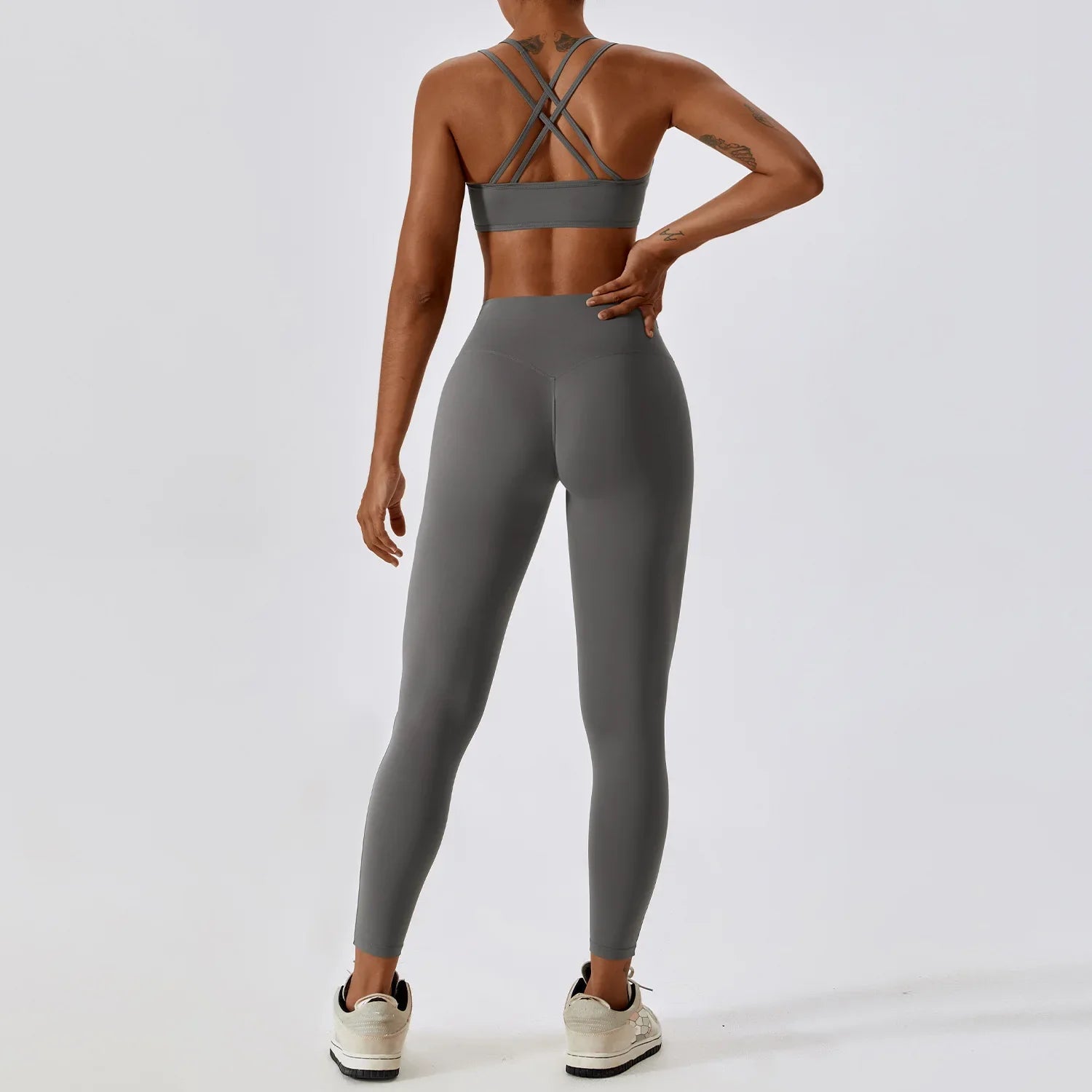 2PCS Yoga Set Nude Feeling Workout Sets Women Tracksuit Gym Push Up Fitness Running Workout Sportwear Sport Bra Leggings Suit Yuanshan Grey Set-1 CHINA