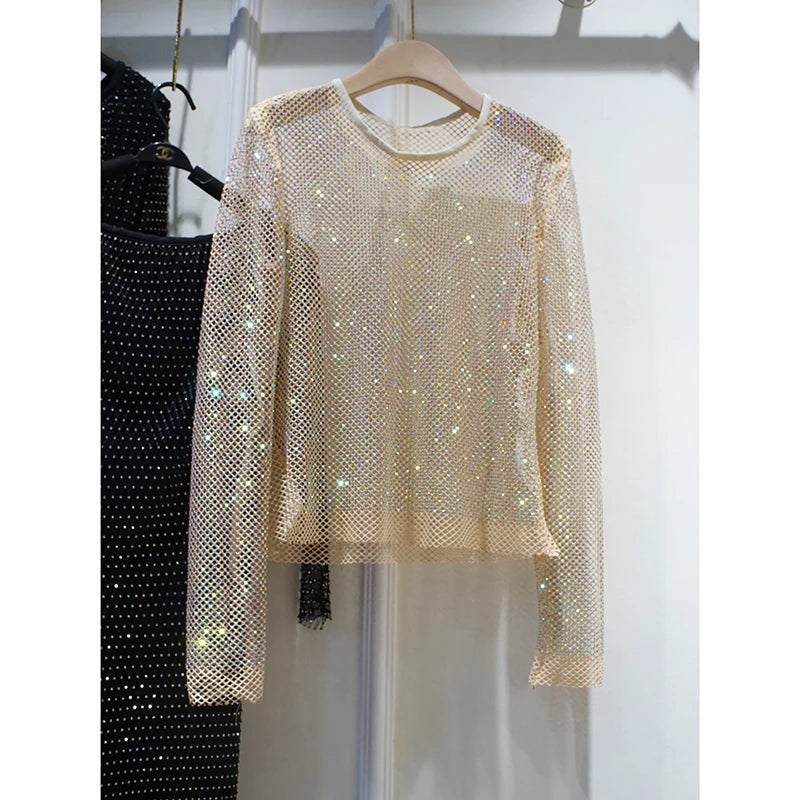 Ladies Temperament Rhinestone Round Neck Long Sleeve Bright Starlight Hollow Shiny Bottoming Shirt Women's Top Trend