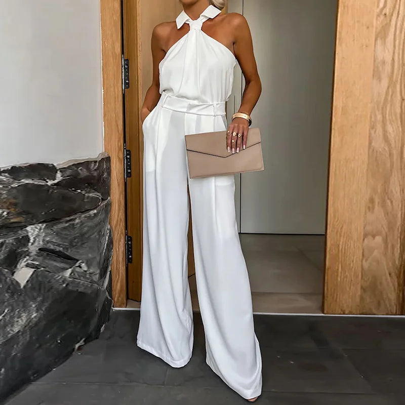 Wide Leg Pants Loungewear Bodysuits, Women Spring Summer Pocket Sleeveless Jumpsuits, Turn-Down Collar Simple Ladies Playsuits 03 White
