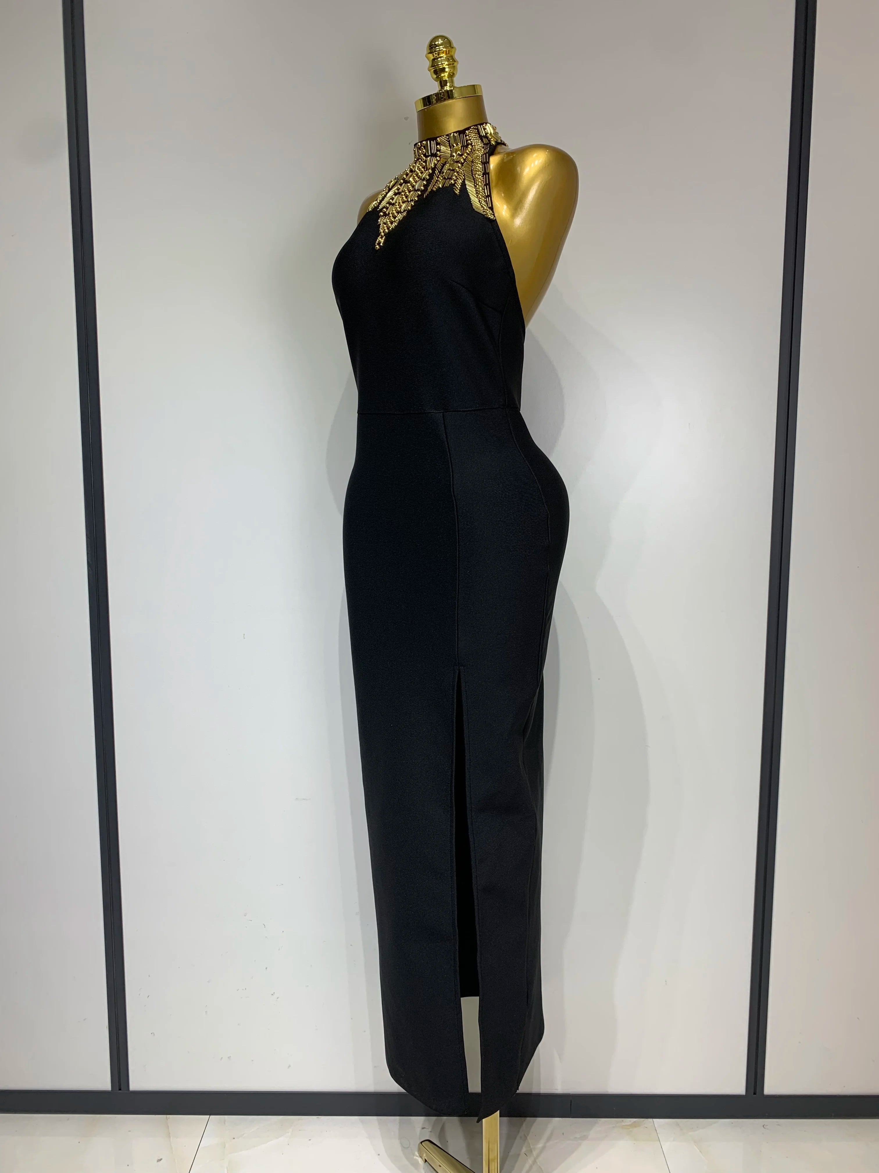 Women Fashion Celebrity Sexy Backless Beading Midi Black Bodycon Bandage Dress 2025 Elegant Evening Club Luxury Birthday Dresses