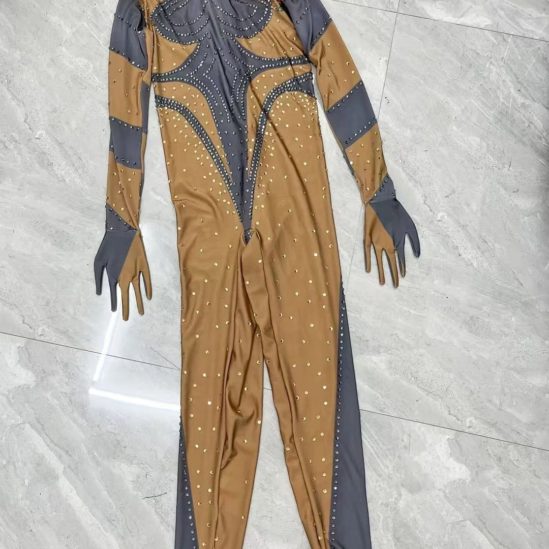 Sparkly Rhinestones Jumpsuit Gloves for Women Sexy Stretchy Performance Dance Costume Nightclub Jumpsuit Show Stage Wear Dudou