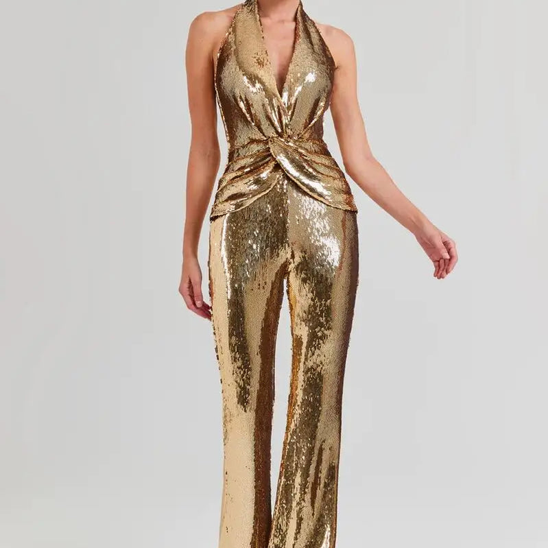 New Arrival Golden Sequins Stylish Flare Pants Halter Blackless Jumpsuit Woman Fashion Party Outfit Stage Performance Costume