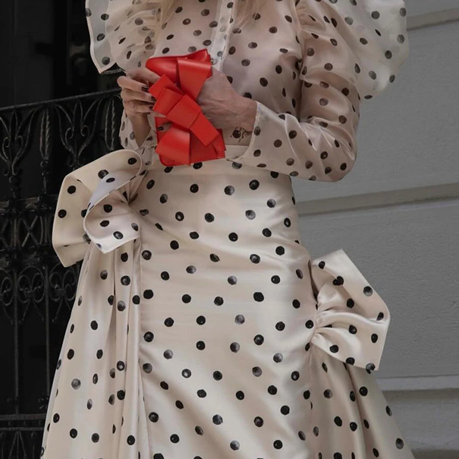 TWOTWINSTYLE Hit Color Sheer Spliced Wave Point Two Piece Sets for Women Round Neck Long Sleeves Top High Waist Skirt Set Female