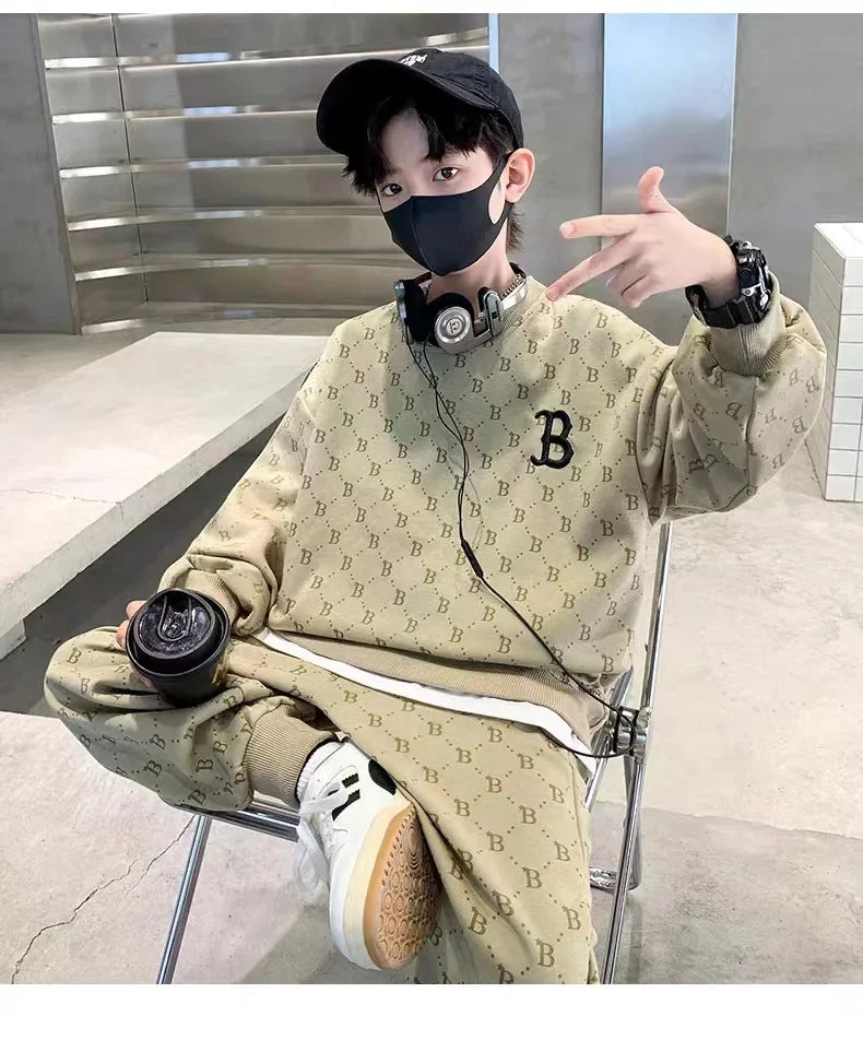 Children Loungewear Suits for Boys Round Neck Sweater and Pants 2Pcs Outfit Sets Junior Kids Letter Sports Clothes Tracksuit