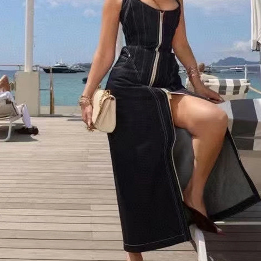 TWOTWINSTYLE Solid Slimming Spliced Zipper Cowboy Dresses for Women Halter Neck Sleeveless Temperament Dress Femlae Fashion New