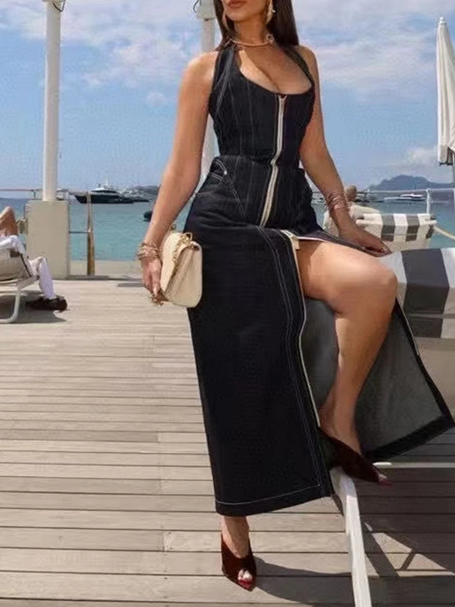 TWOTWINSTYLE Solid Slimming Spliced Zipper Cowboy Dresses for Women Halter Neck Sleeveless Temperament Dress Femlae Fashion New