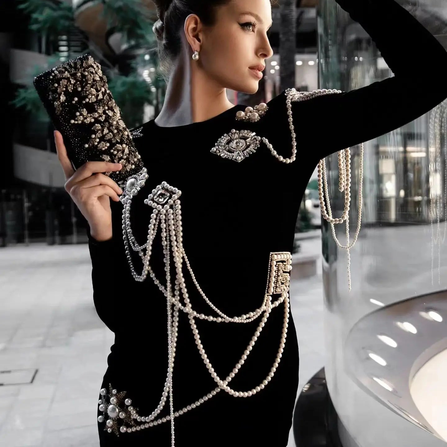 Spring Women Long Sleeve O-Neck Pearl Beading Bodycon Mini Dress Bandge Fashion Elegant Evening Party Dress Vestido