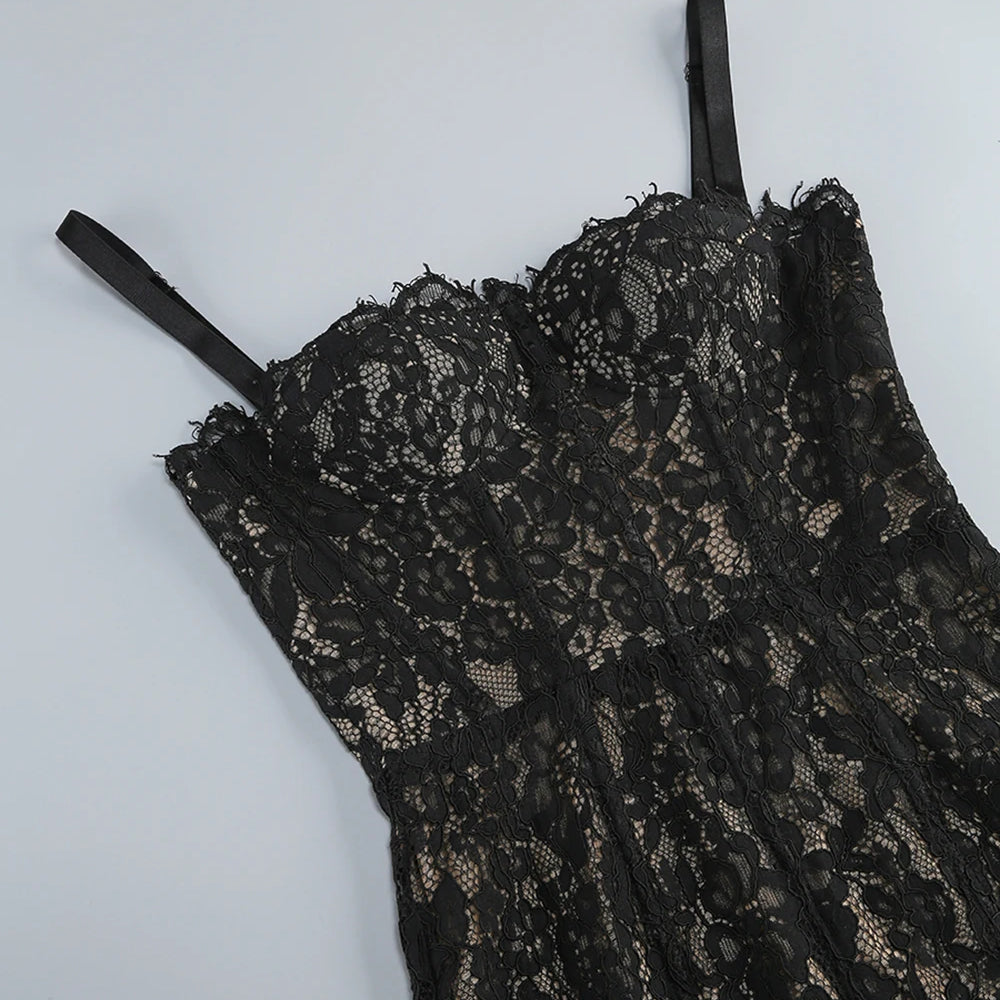 Elegant Lace Spaghetti Strap Long Dress Women Slim Sleeveless Sling Evening Party Gowns 2025 Summer New Female Fashion Robe