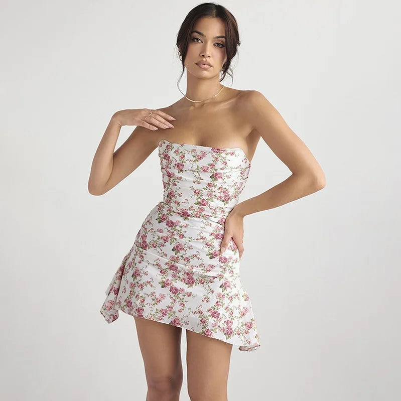 Women's Small Fresh Floral Breasted Short Dress Slim Sexy Big Backless Dress Casual Vacation Style Spice Girls Short Dresses