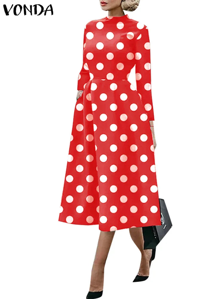 Women Bohemian Maxi Dress 2023 VONDA Fashion Sexy Printed Party Sundress Beach Holiday Dress Oversized Vestidos Femme C-Red