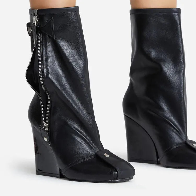 Brand Women's Boots Autumn and Winter Fashion Color Contrast Rivet Side Zipper High Heel Fashion Stage Show Party Boots 8663-1-black