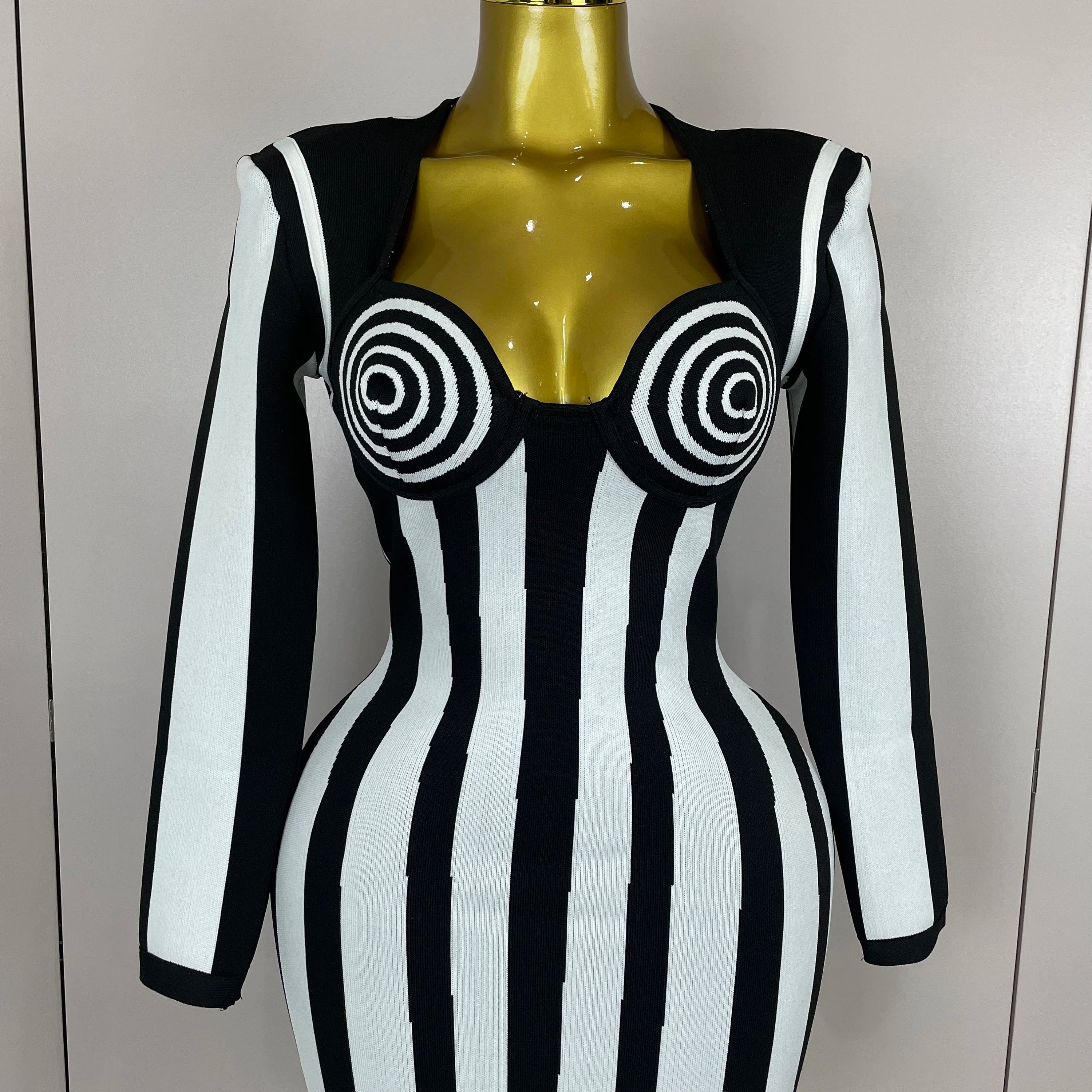 2025 Luxury Sexy Long Sleeve Stripe Black White Mini Bandage Dress Women Knitted Celebrity Elegant Evening Club Birthday Dresses