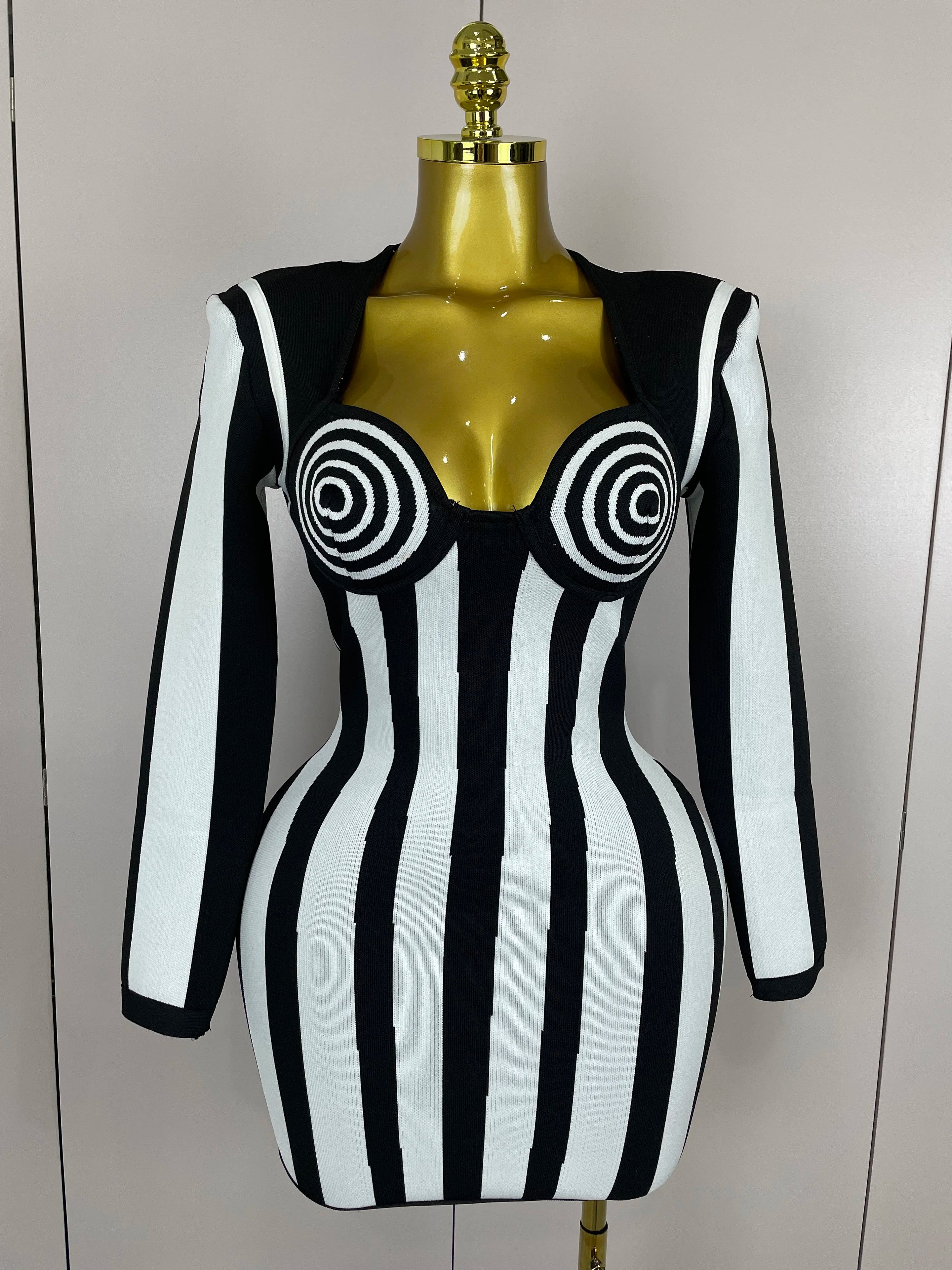 2025 Luxury Sexy Long Sleeve Stripe Black White Mini Bandage Dress Women Knitted Celebrity Elegant Evening Club Birthday Dresses