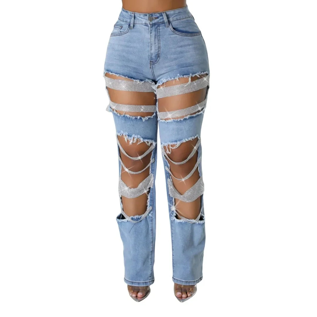 CM.YAYA Women Fashion Pearl Beading Ripped Hollow Out Tassel Wide Leg Jeans 2024 New Summer INS Street Denim Pants Trousers