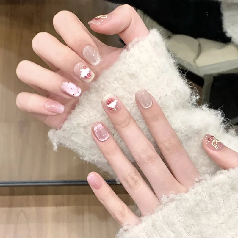 24Pcs Short Ballet Press on False Nails with Golden Grid Pattern Full Cover Fake Nails Tips Cat's Eye Wearable Finished Manicure