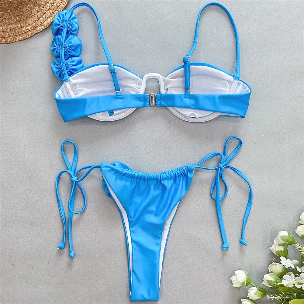 Sexy 3D Flower Blue Push Up Bikinis Set Women Wrinkled Underwired Swimwear Micro Thong Swimsuit Bathing Suit Bikini Mujer