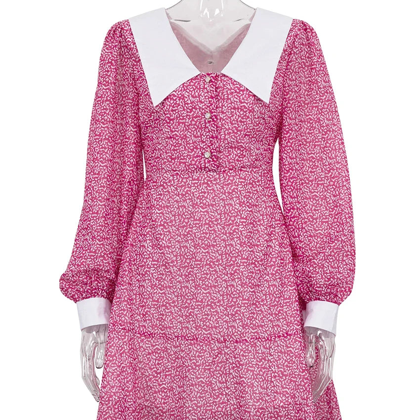 Clacive Fashion Slim Print Women Dress Elegant Lapel Long Sleeve Office Mini Dresses Bodycon Classic Patchwork Female Dress