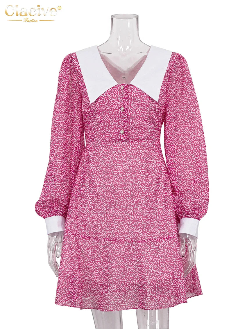 Clacive Fashion Slim Print Women Dress Elegant Lapel Long Sleeve Office Mini Dresses Bodycon Classic Patchwork Female Dress