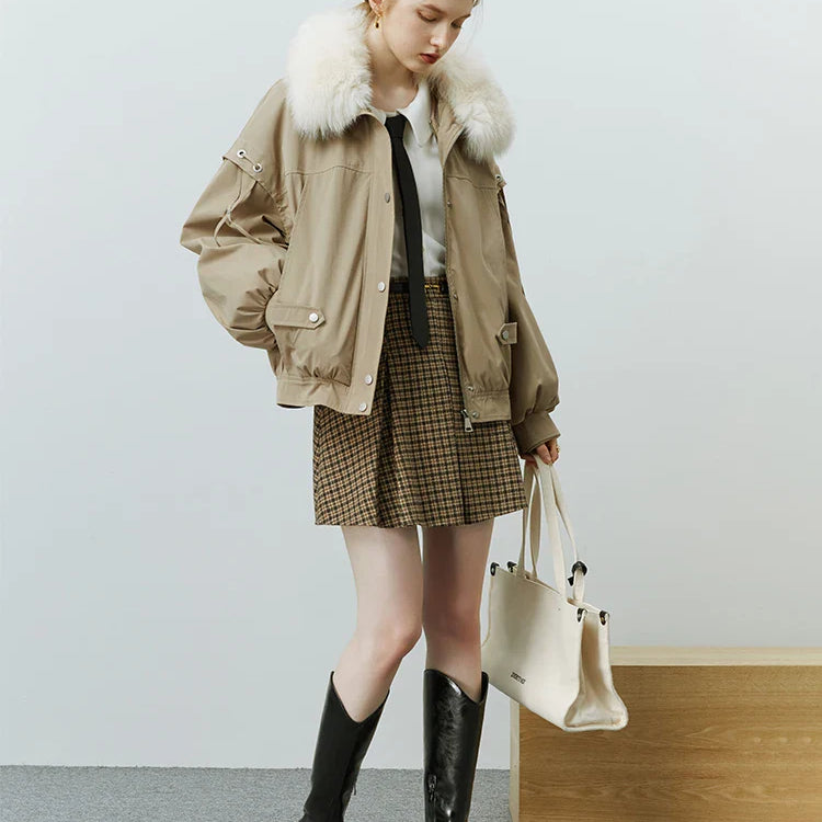 FSLE Fox Fur Collar Short Fur Coat Women's 2022 Winter New Style Overcomes Removable Rabbit Fur Liner Black Khaki Women Coats