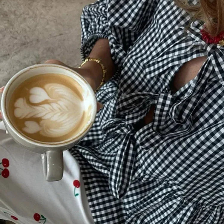 Elegant Striped Lace Up Women Shirts Chic Bow Puff Sleeve O-neck Hollow Out Female Blouses Spring Summer Casual Streetwear