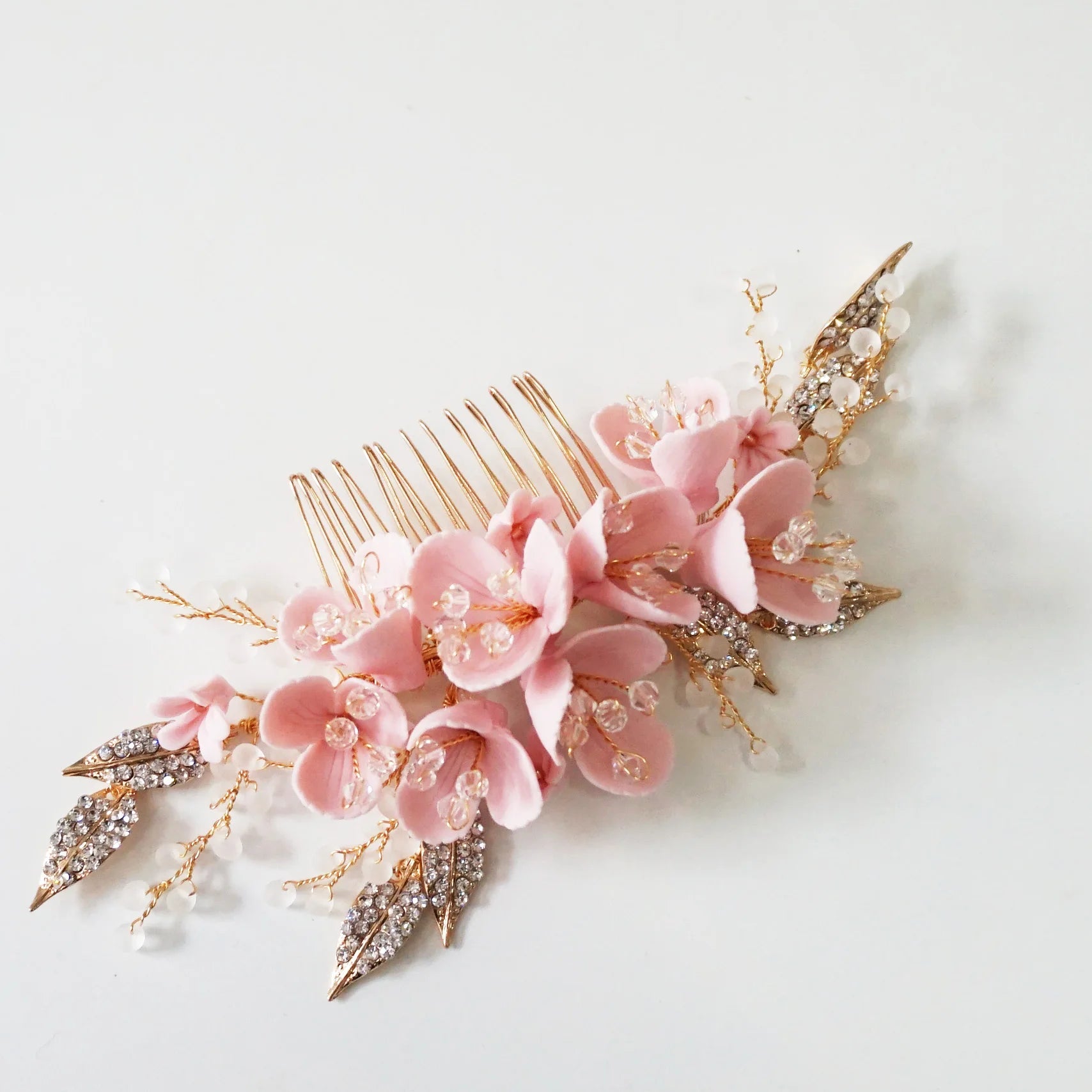 Pink Flower Bridal Hair Comb Rhinestone Leaf Headpiece Wedding Hair Jewelry Handmade Women Accessories Gold Plated WHITE | Hair Combs