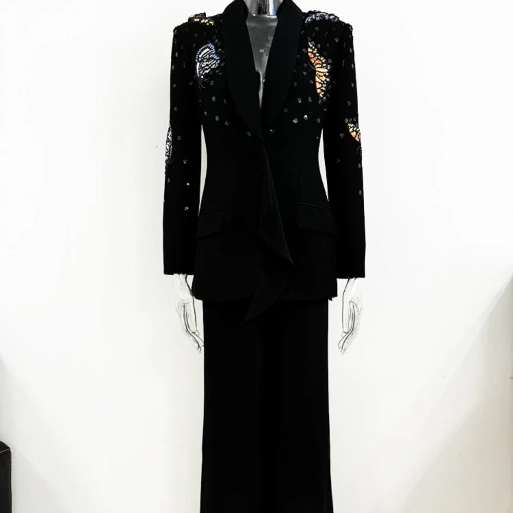 TWOTWINSTYLE Solid Two Piece Sets for Women Notched Neck Long Sleeve Spliced Sequins Blazer High Waist Wide Leg Pants Set Female