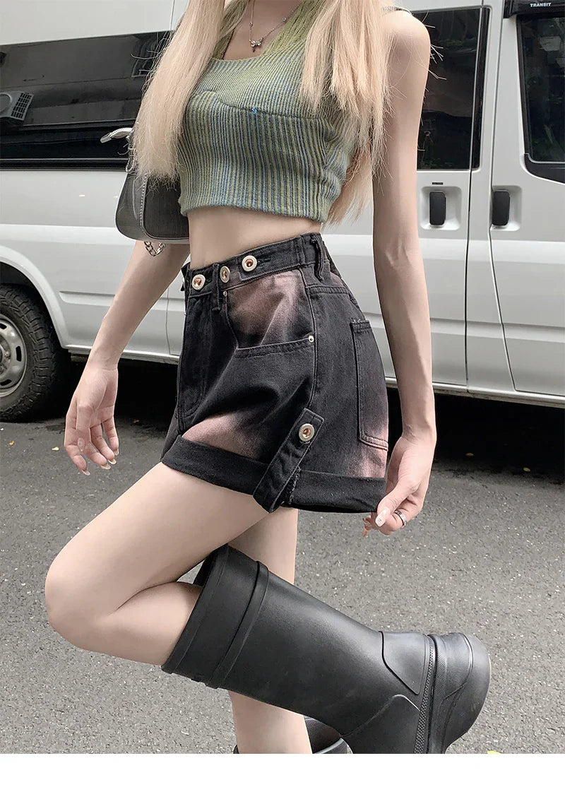 Women's Summer American Retro Jeans Blue Black High Street Button Washed Painted Y2K Design Loose Wide Leg Denim Shorts New