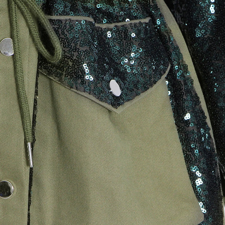 Patchwork Sequins Casual Loose Coats For Women Lapel Long Sleeve Spliced Pockets Colorblock Streetwear Coat Female Fashion