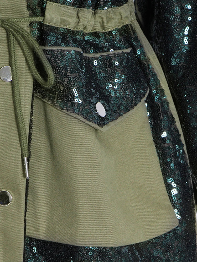 Patchwork Sequins Casual Loose Coats For Women Lapel Long Sleeve Spliced Pockets Colorblock Streetwear Coat Female Fashion