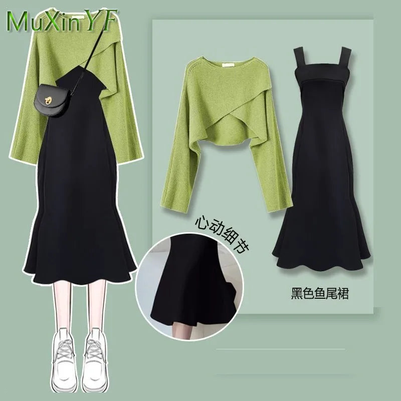 Women's Fashion Dress Matching Set Autumn Winter New Chic Knitted Sweater Sling Skirt Two Piece Korean Elegant Clothes Suit