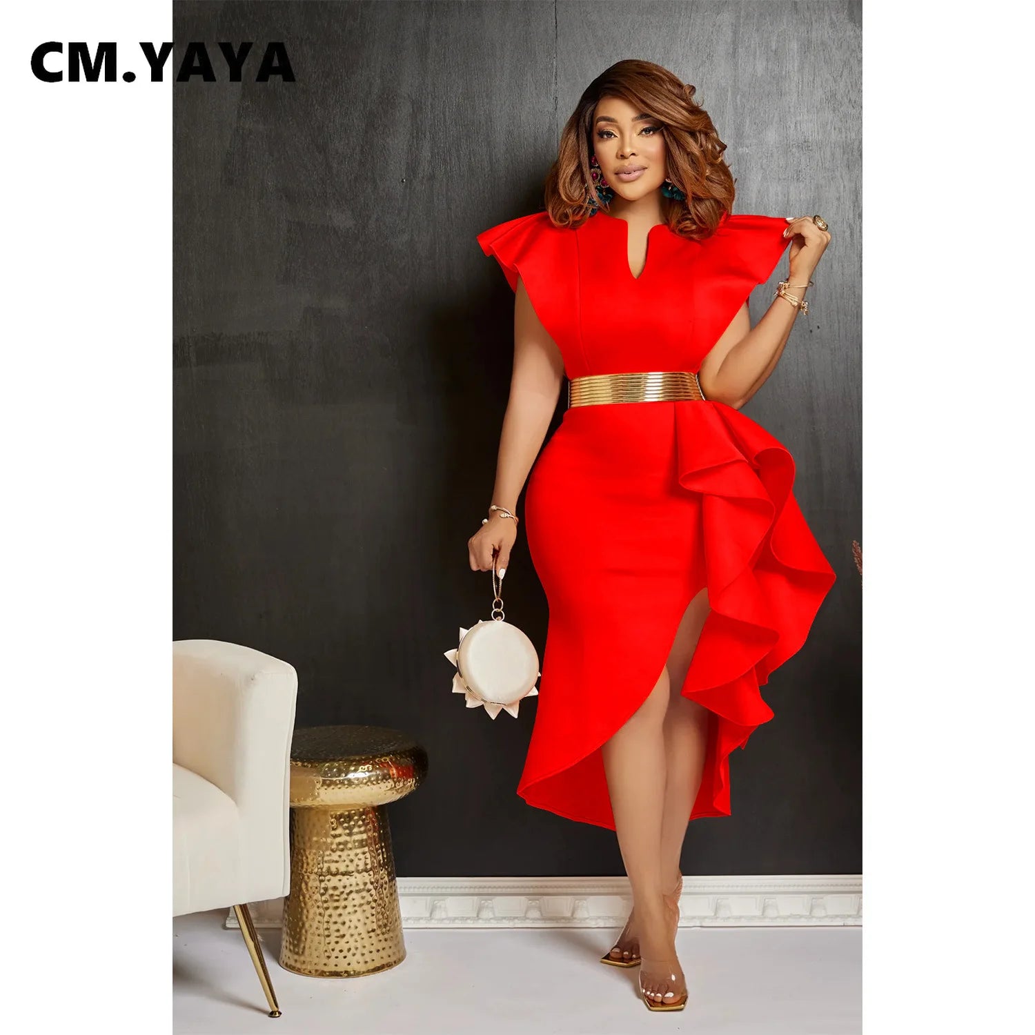 CM.YAYA Women Flare Short Sleeve High Side Split Ruffles Bodycon Midi Dress 2023 Autumn Vestidos Sexy Party Birthday Dresses