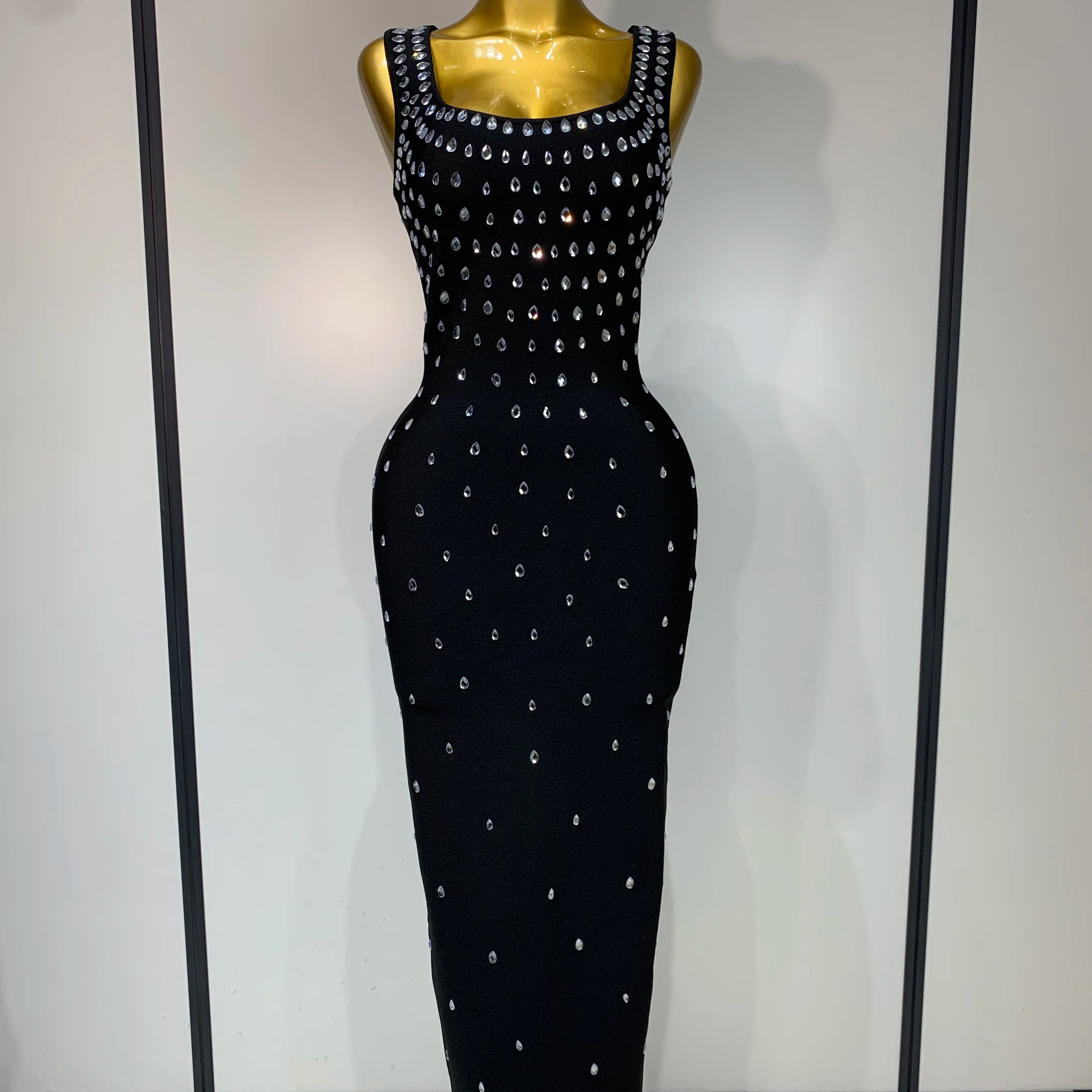 Luxury Rhinestone Bandage Long Dress Elastic Sleeveless Bodycon High Street Evening Club Party Elegant Birthday Prom Gowns