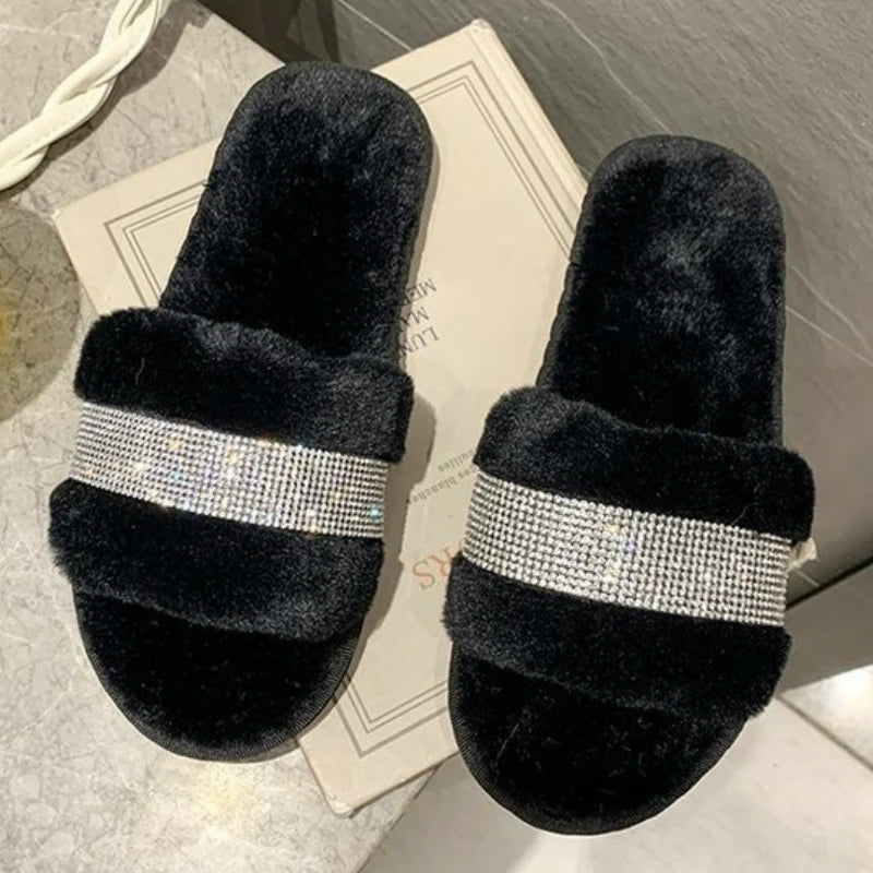 Winter Luxury Rhinestone Women Warm Fur Slippers Cozy Fluffy Furry Slides Crystal Flat Indoor Design Home Shoes Ladies 43 black
