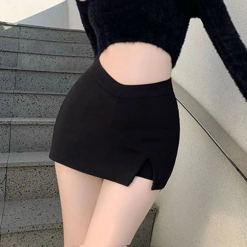 Sexy Split Black Mini Skirt Women Korean High Waist Streetwear Casual Short Skirt Fashion Office Lady All-Match A Line Skirts black