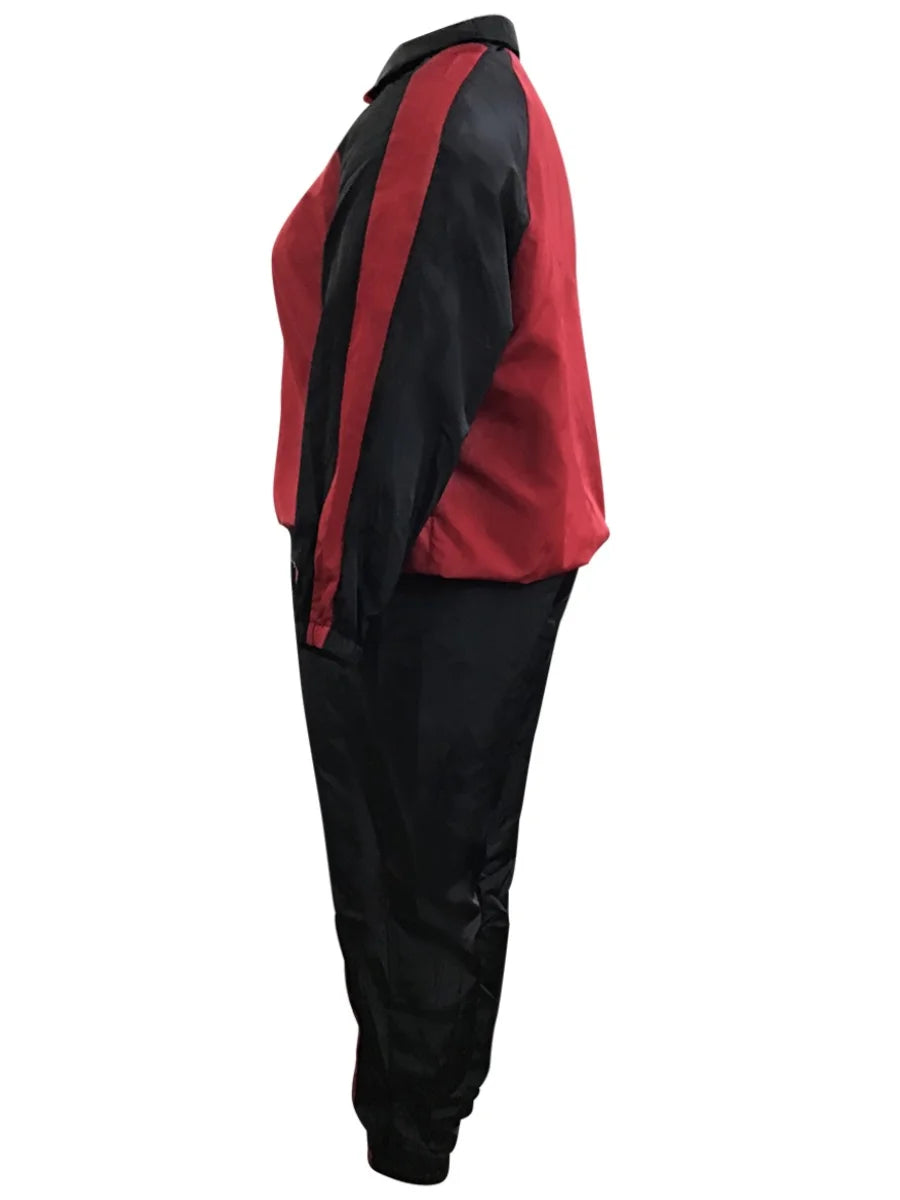 4XL 5XL LW Plus Size Striped Patchwork Zipper Design Pants Set Autumn&Winter Women Mandarin Collar Pocket Tracksuit Set