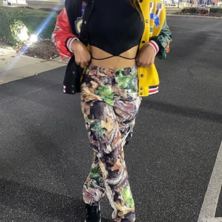 Mid-Waist Side Pocket Design Camo Print Cargo Pants Women Street Y2K Trousers Print Design Jeans