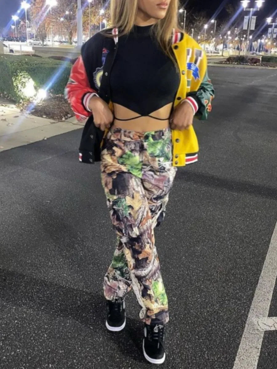 Mid-Waist Side Pocket Design Camo Print Cargo Pants Women Street Y2K Trousers Print Design Jeans