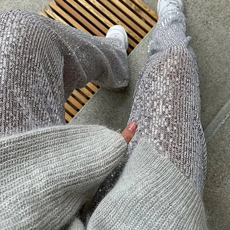 Loose Fit Elastic Waist Sequined Pants Casual Women Patchwork Silver Long Pants All Matching Femme Floor Length Pants