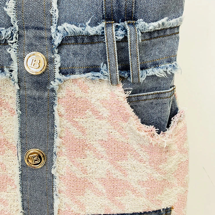 Newest Designer Fashion Women Spaghetti Strap Denim Tweed Houndstooth Pachwork Fringed Dress