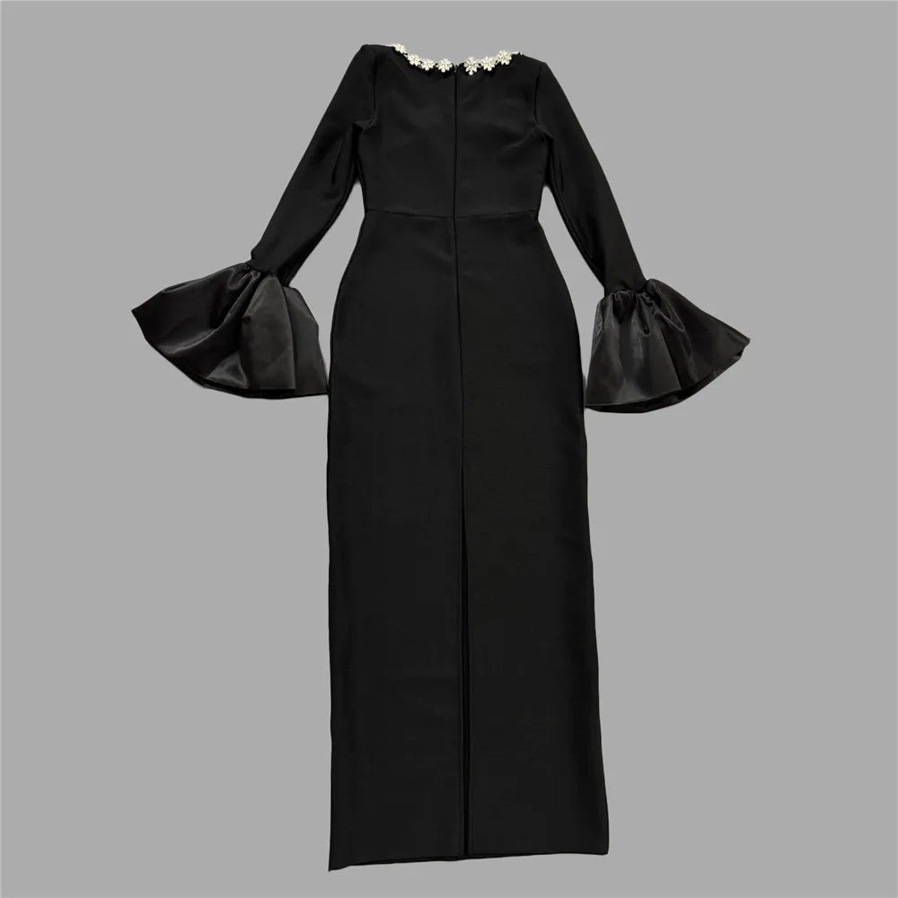 High Quality Women Long Sleeve Sexy Square Collar Shinning Crystal Bodycon Long Bandage Dress Celebrate Evening Party Outfit
