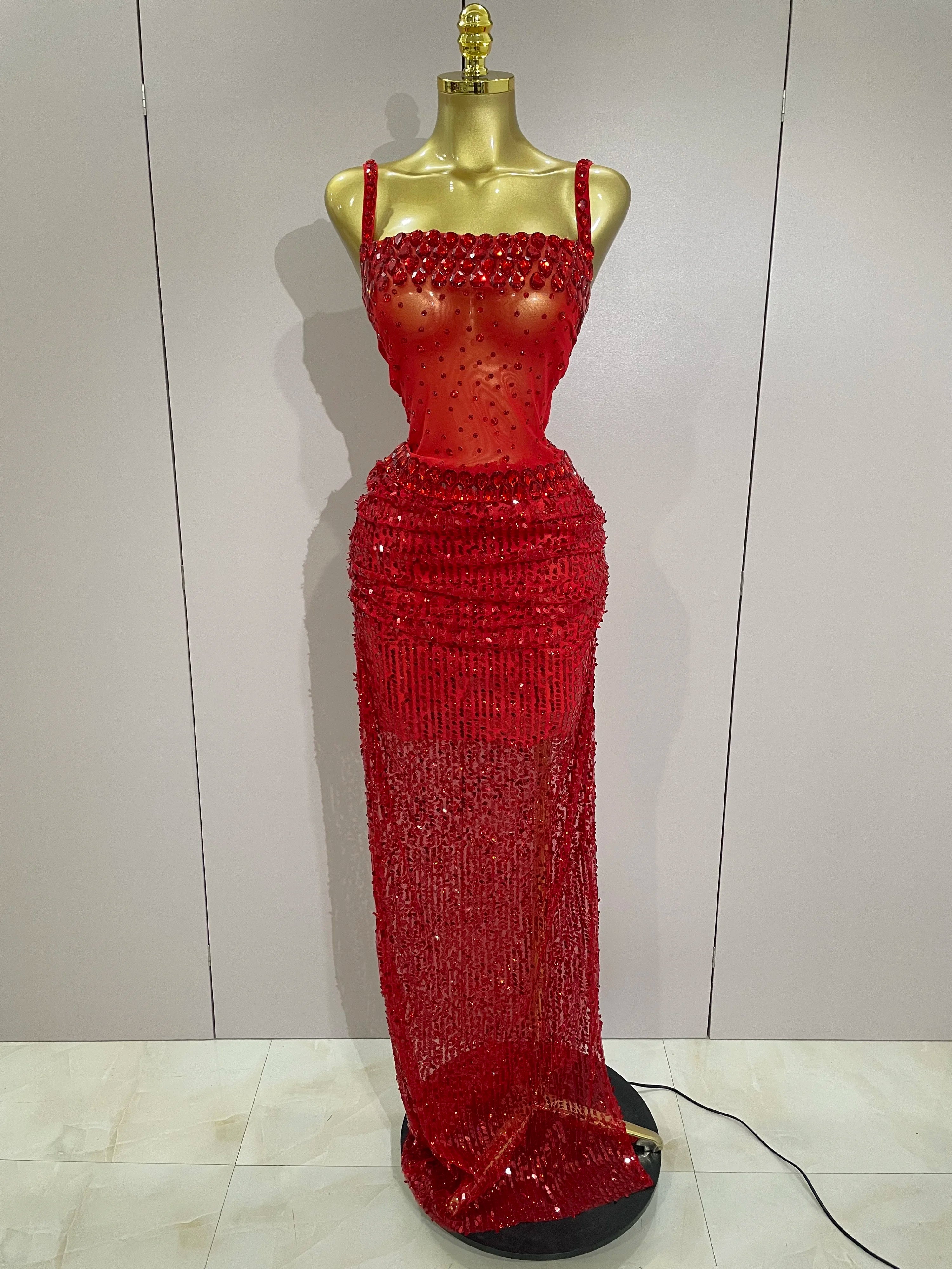 Sparkly Red Rhinestones Sequins Sexy See Through 2PCS Long Dress 2025Women Celebrate Evening Birthday Party Dress Stage Costumes