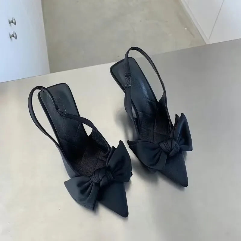 Women Shoes Spring Butterfly Knot Women Slingbacks Heels Shoes Sexy Dress Thin Heel Pointed Toe Ladies High Heels Women black