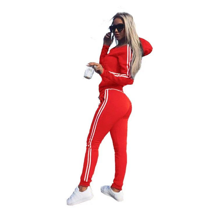 Women Sportswear Casual Sport Suit Long Sleeve Zipper Jacket Gym Fitness Leggings Plus Size 2 Piece Sets Cotton Tracksuit 2021 Red