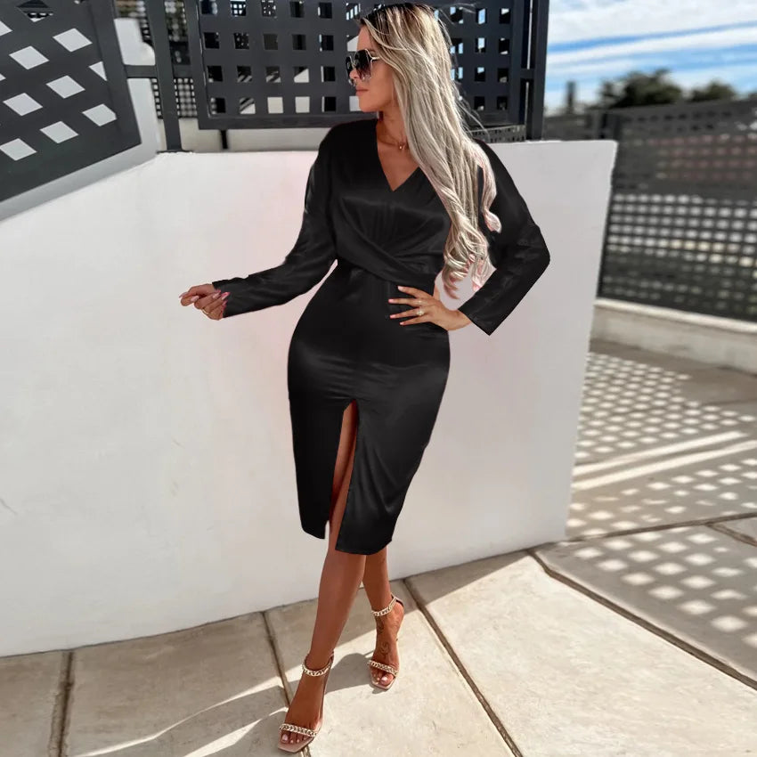 Bodycon Sexy Party Silk Robe Satin Dress Black Women Short Sleeve One Shoulder High Split Ruched Evening Dresses 2024 Summer black-1