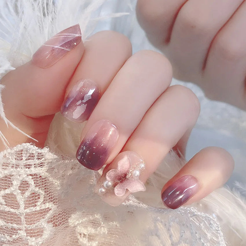 24Pcs Pink Camellia 3D False Nail Art Full Cover Dreamy Cat's Eye Finished Fashion Nail Stickers Wearable Medium Sweet Manicure