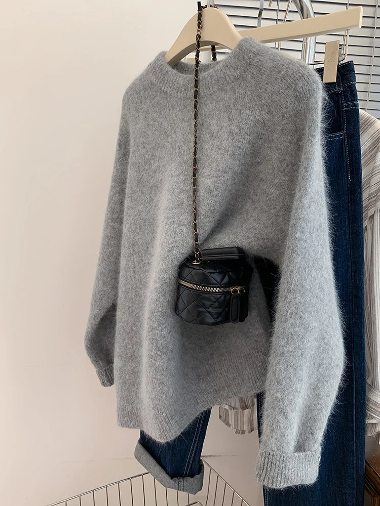 Women's Knitwear Sweaters Fashion Vintage Solid Color Sweater Oversized Loose Knitted Pullover for Women Autumn New GRAY